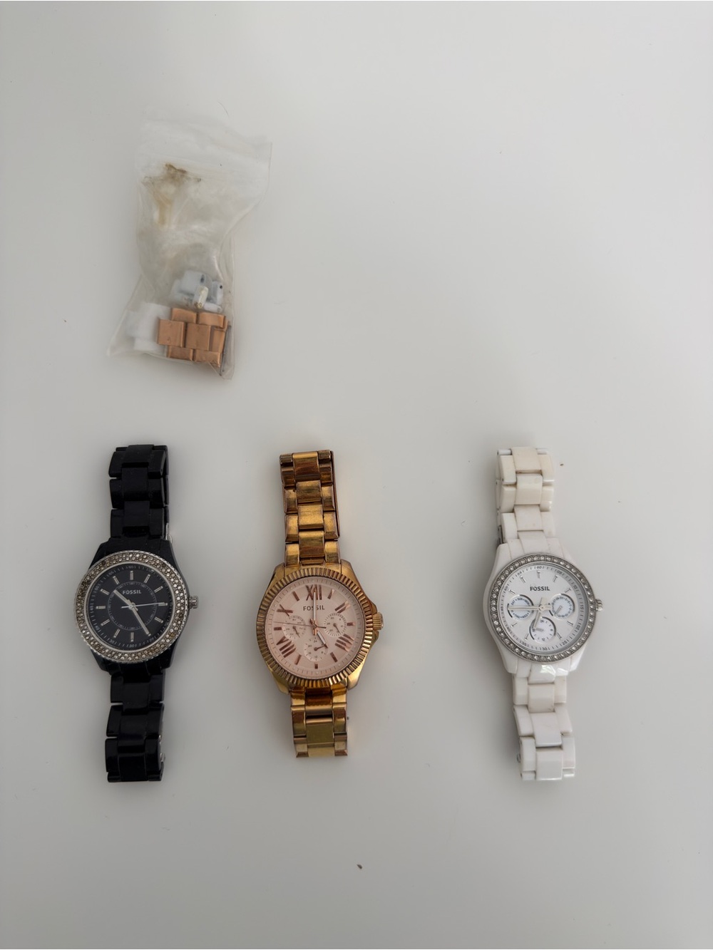 3-Piece Women's Fossil Watch Lot — Black, Rose Gold & White AS IF